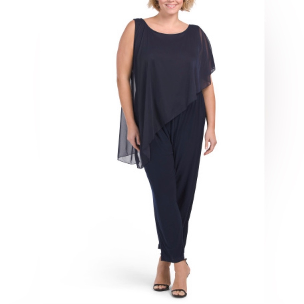 🟤NWT TIANA B Plus Cascade Ruffle Overlay Jumpsuit in Navy 1X